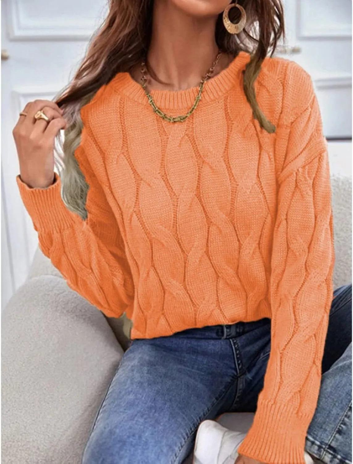 Women's 2024 Casual Long Sleeve Round Neck Cable Knit Solid Color Fall Winter Chunky Pullover Sweater Pullover Tops