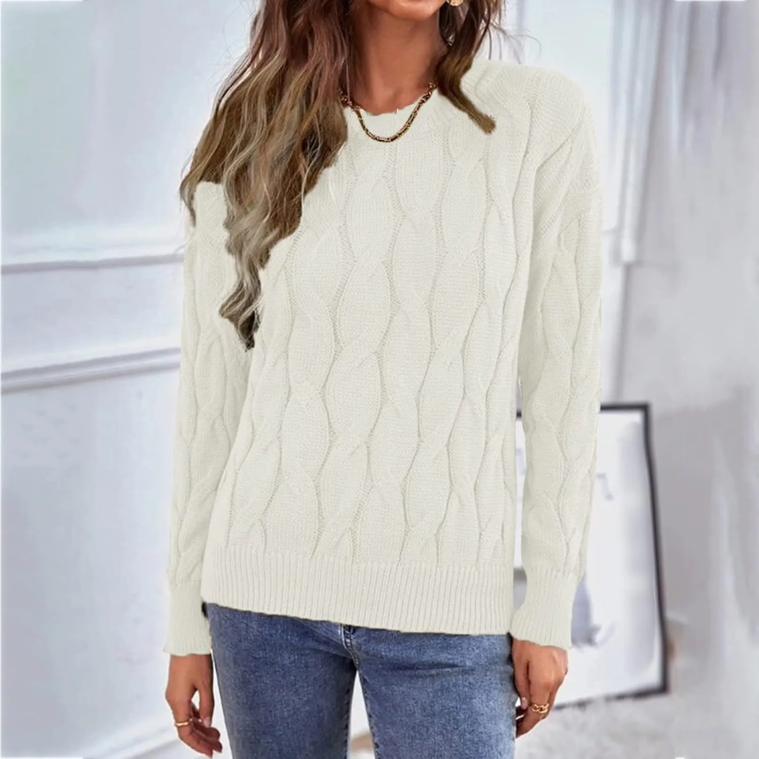 Women's 2024 Casual Long Sleeve Round Neck Cable Knit Solid Color Fall Winter Chunky Pullover Sweater Pullover Tops