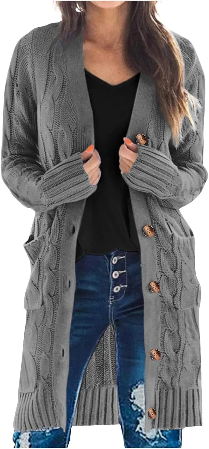 Women's 2024 Fall Winter Cardigan for Women Chunky Open Front Button Down Cable Knitted Sweater Coats with Pockets