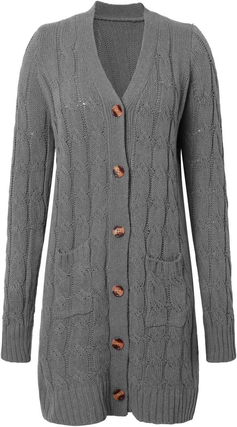 Women's 2024 Fall Winter Cardigan for Women Chunky Open Front Button Down Cable Knitted Sweater Coats with Pockets