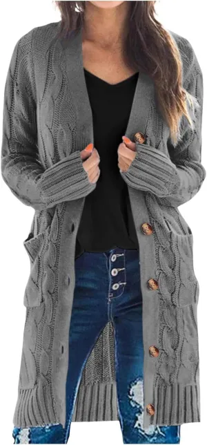 Women's 2024 Fall Winter Cardigan for Women Chunky Open Front Button Down Cable Knitted Sweater Coats with Pockets
