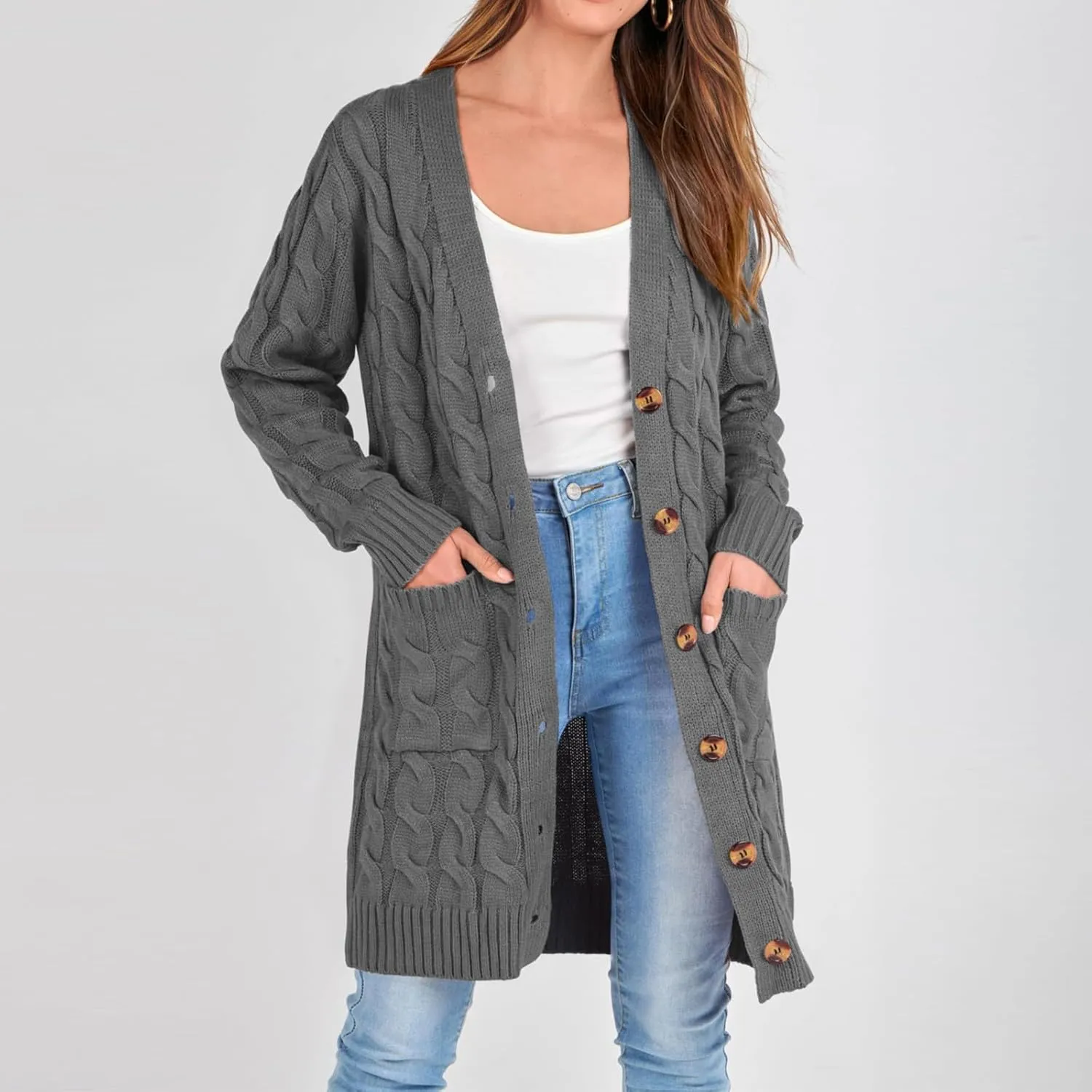 Women's 2024 Fall Winter Cardigan for Women Chunky Open Front Button Down Cable Knitted Sweater Coats with Pockets