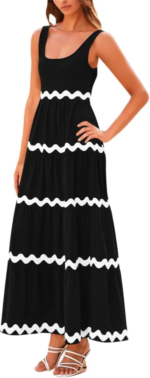 Women's 2024 Summer Boho Spaghetti Strap Flowy Ruffle Hem A Line Beach Casual Long Maxi Sundresses Vacation Party Dress