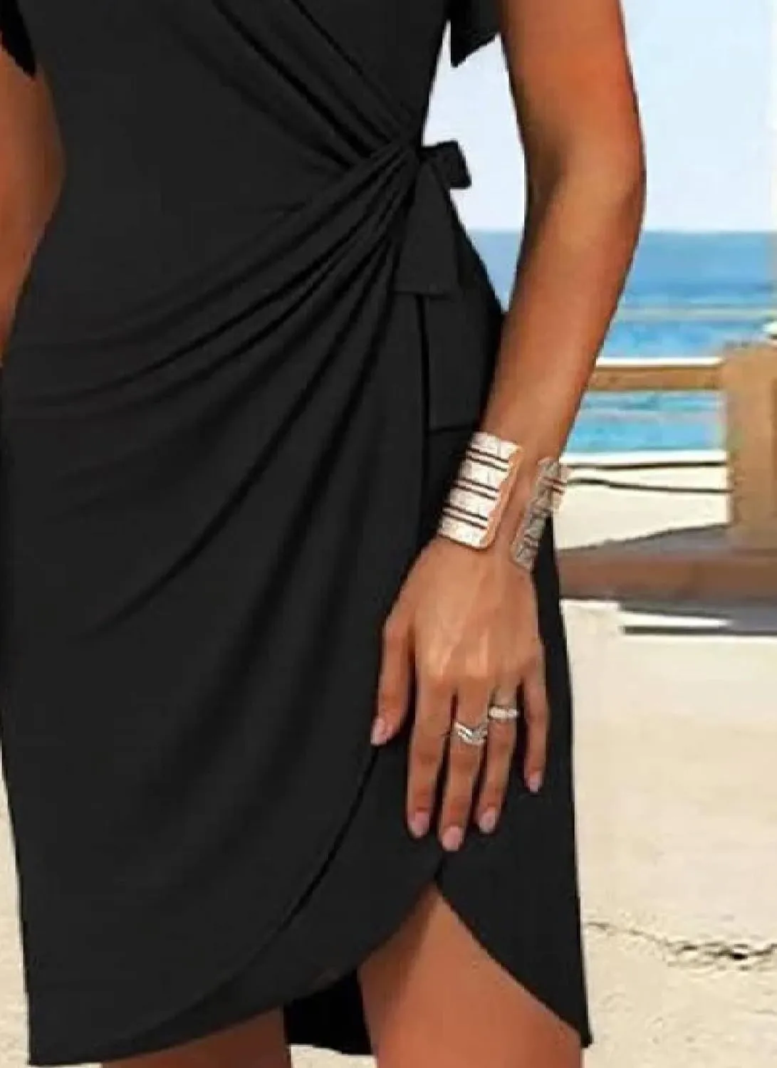 Women's 2025 Summer V-Neck Sleeveless Wrap Mini Dresses Plain Black A Line Waist Cinching Slim Fit Evening Dinner Dress