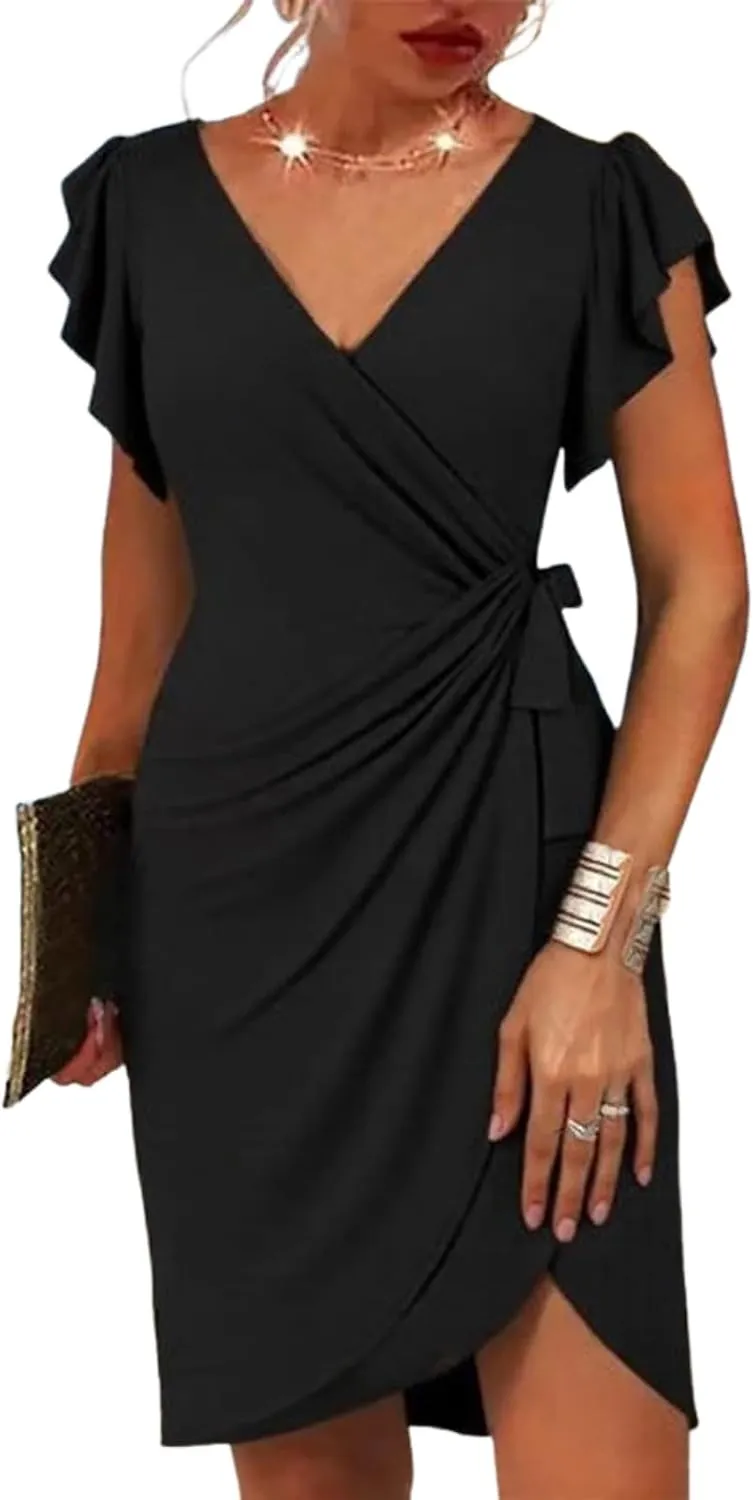 Women's 2025 Summer V-Neck Sleeveless Wrap Mini Dresses Plain Black A Line Waist Cinching Slim Fit Evening Dinner Dress