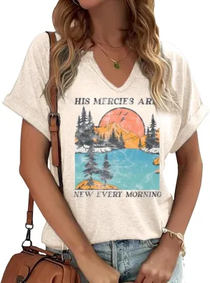 Women's Boho Christian V Neck Shirt Casual Jesus Faith Bible Verse Inspirational Graphic Tee Tops