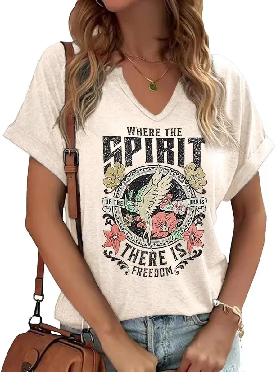 Women's Boho Christian V Neck Shirt Casual Jesus Faith Bible Verse Inspirational Graphic Tee Tops