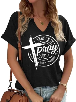Women's Boho Christian V Neck Shirt Casual Jesus Faith Bible Verse Inspirational Graphic Tee Tops