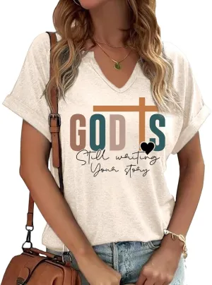 Women's Boho Christian V Neck Shirt Casual Jesus Faith Bible Verse Inspirational Graphic Tee Tops