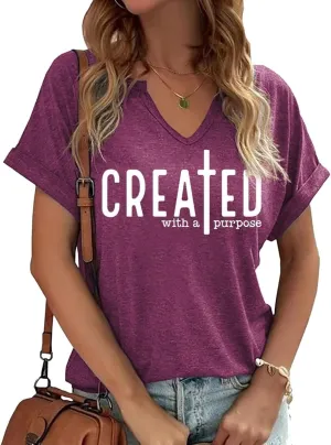 Women's Boho Christian V Neck Shirt Casual Jesus Faith Bible Verse Inspirational Graphic Tee Tops