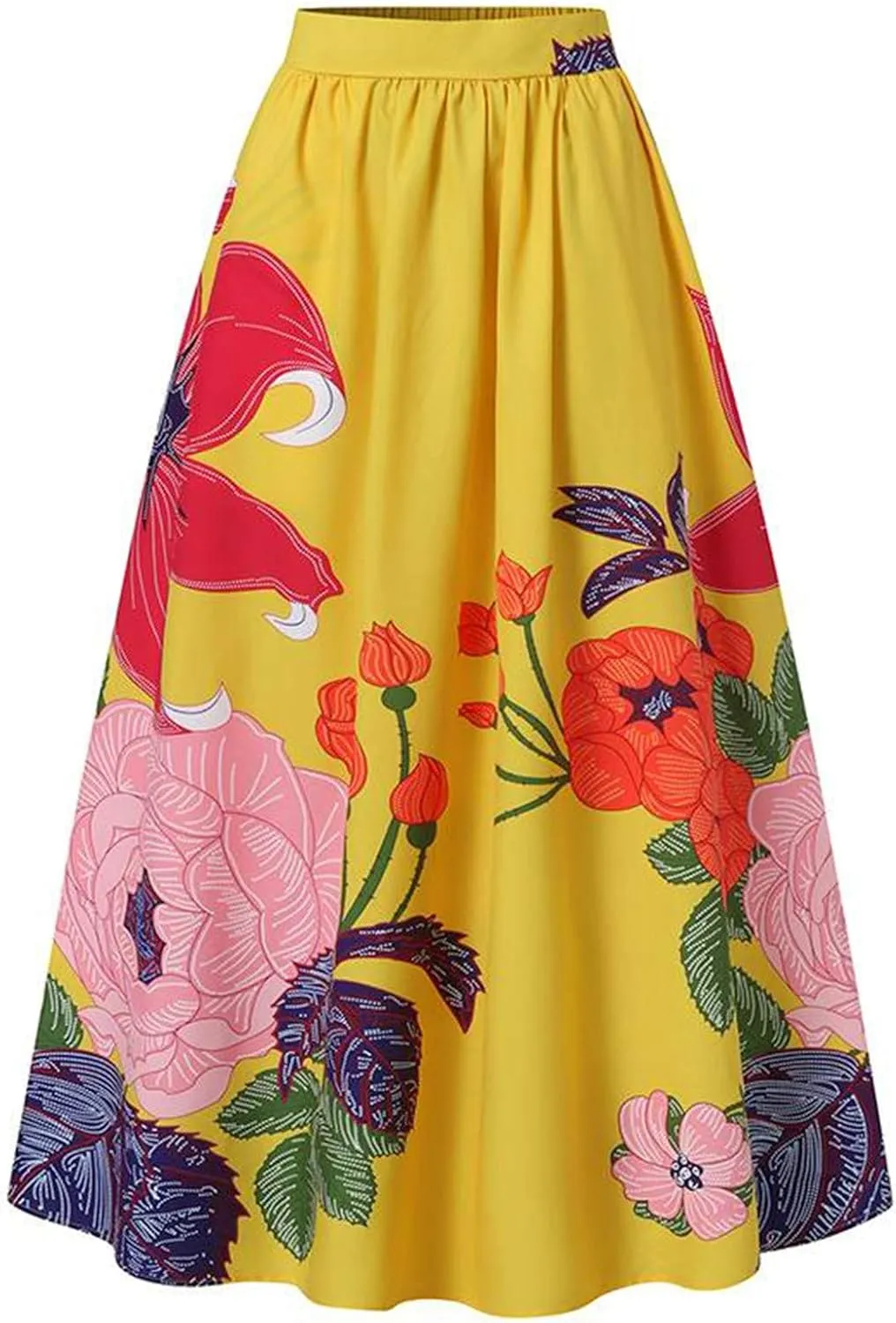 Women's Boho Floral Printed Maxi Skirt Summer Beach High Waisted Mopping Floor Length A Line Long Skirts with Pockets