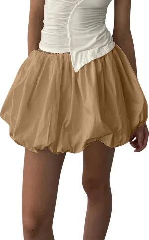 Womens Bubble Mini Skirt Y2K Vintage Elastic Waist Pleated Puff Skirts Loose Fit Cute A Line Flare Fairy Streetwear