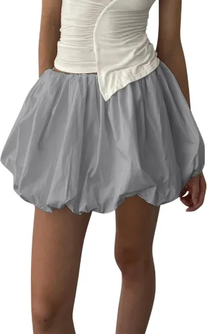 Womens Bubble Mini Skirt Y2K Vintage Elastic Waist Pleated Puff Skirts Loose Fit Cute A Line Flare Fairy Streetwear