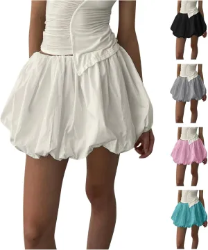 Womens Bubble Mini Skirt Y2K Vintage Elastic Waist Pleated Puff Skirts Loose Fit Cute A Line Flare Fairy Streetwear