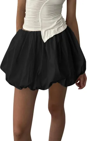 Womens Bubble Mini Skirt Y2K Vintage Elastic Waist Pleated Puff Skirts Loose Fit Cute A Line Flare Fairy Streetwear