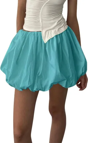 Womens Bubble Mini Skirt Y2K Vintage Elastic Waist Pleated Puff Skirts Loose Fit Cute A Line Flare Fairy Streetwear