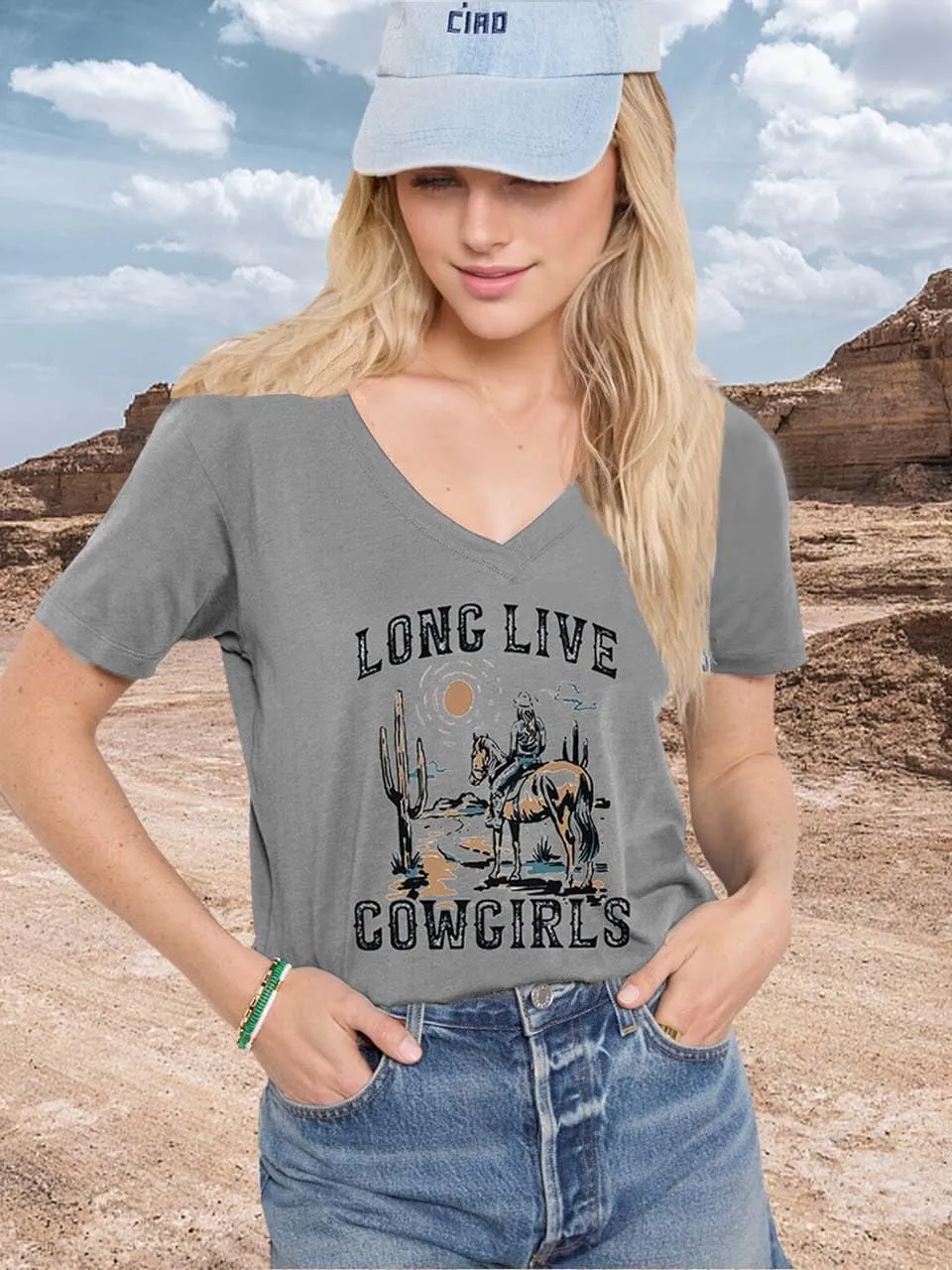 Womens Cactus Cowgirl Shirt Western Riding Country Music V Neck T-Shirt Retro Sun Printed Short Sleeve Tees Tops