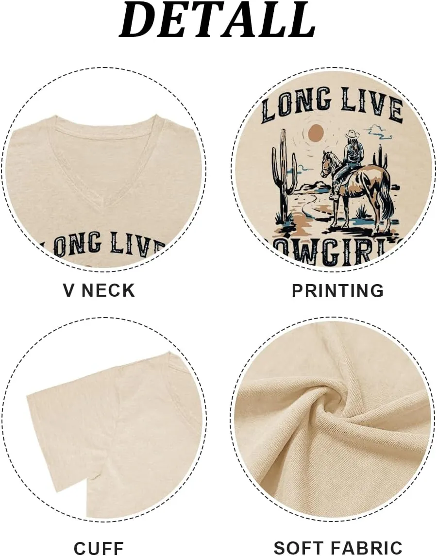 Womens Cactus Cowgirl Shirt Western Riding Country Music V Neck T-Shirt Retro Sun Printed Short Sleeve Tees Tops