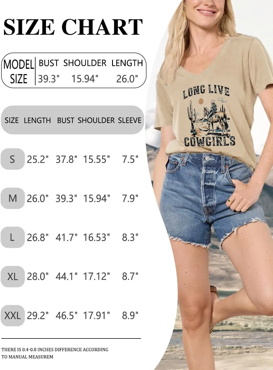 Womens Cactus Cowgirl Shirt Western Riding Country Music V Neck T-Shirt Retro Sun Printed Short Sleeve Tees Tops