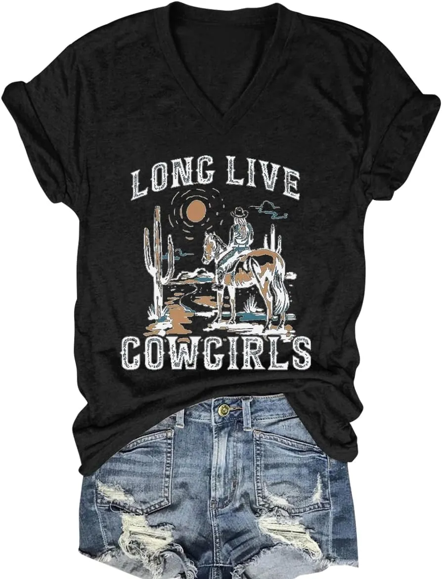 Womens Cactus Cowgirl Shirt Western Riding Country Music V Neck T-Shirt Retro Sun Printed Short Sleeve Tees Tops