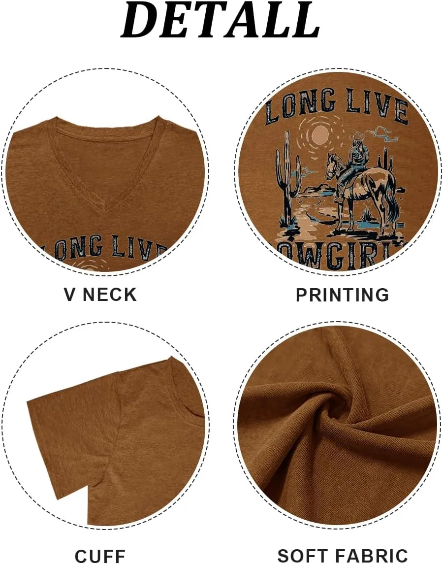 Womens Cactus Cowgirl Shirt Western Riding Country Music V Neck T-Shirt Retro Sun Printed Short Sleeve Tees Tops