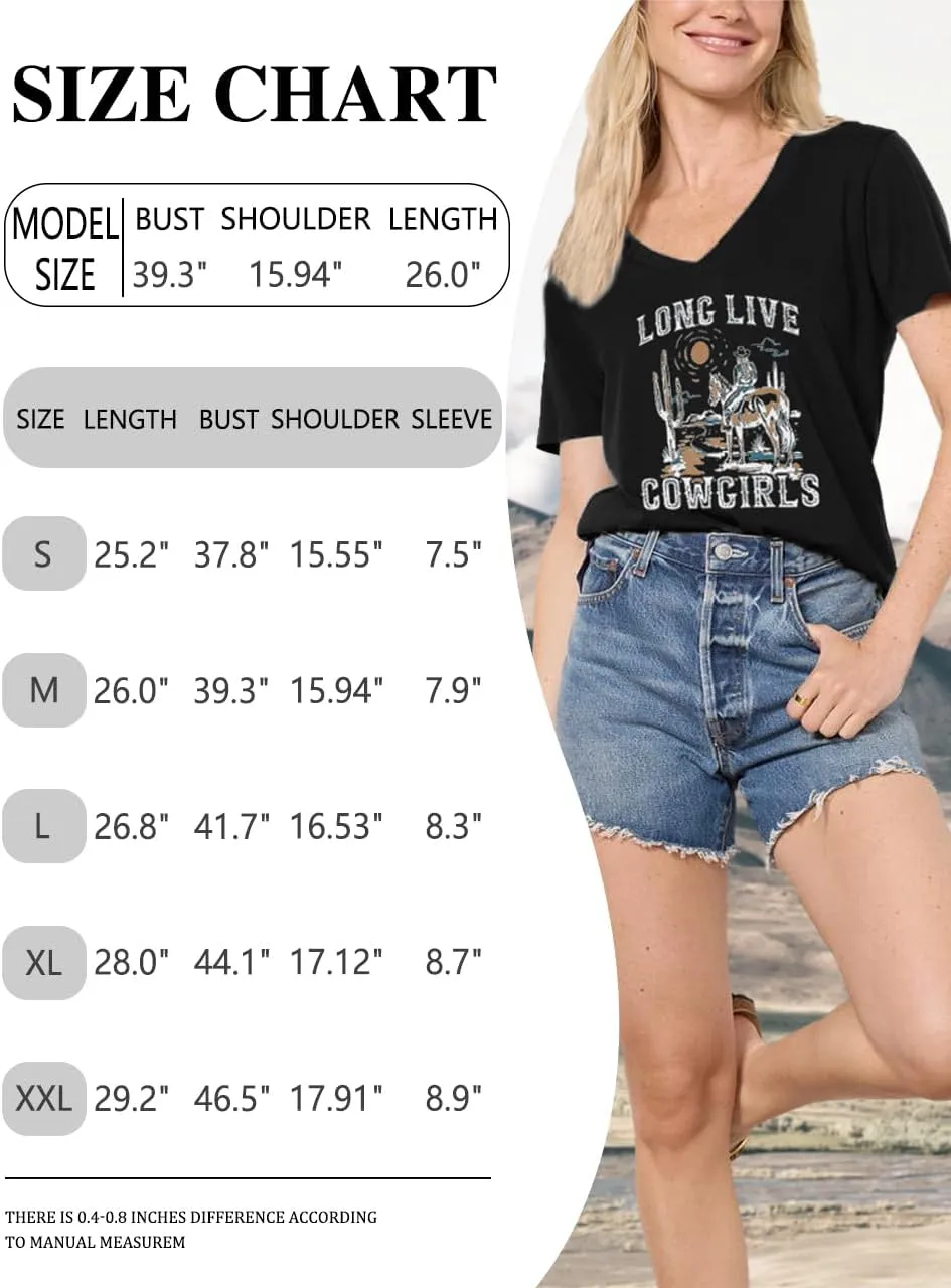 Womens Cactus Cowgirl Shirt Western Riding Country Music V Neck T-Shirt Retro Sun Printed Short Sleeve Tees Tops