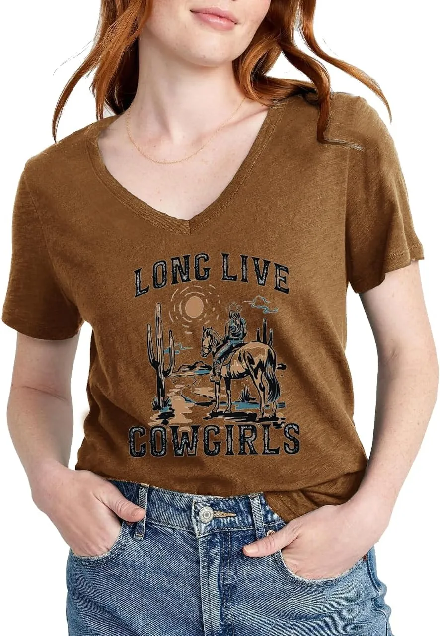 Womens Cactus Cowgirl Shirt Western Riding Country Music V Neck T-Shirt Retro Sun Printed Short Sleeve Tees Tops
