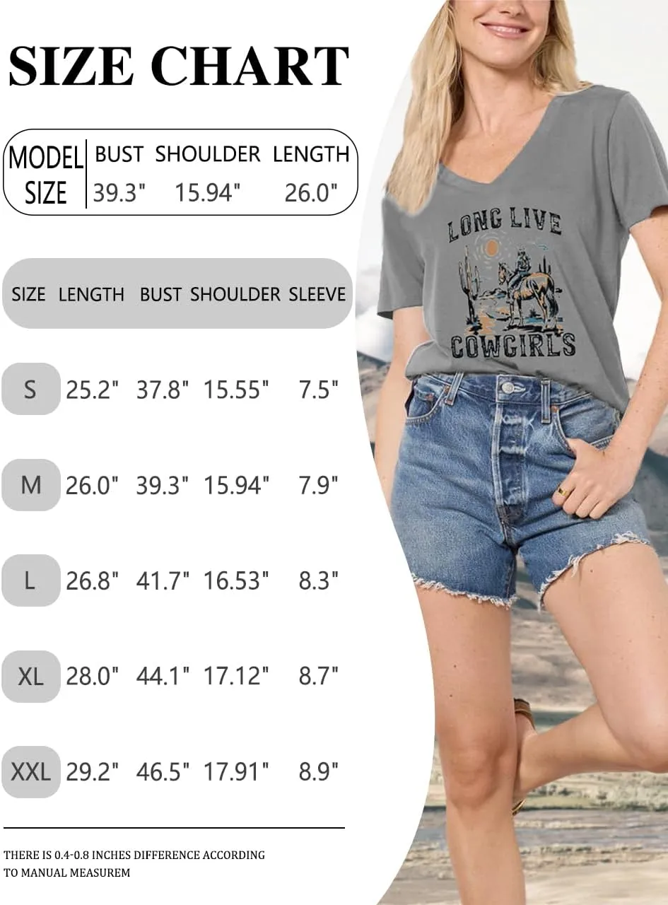 Womens Cactus Cowgirl Shirt Western Riding Country Music V Neck T-Shirt Retro Sun Printed Short Sleeve Tees Tops