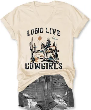 Womens Cactus Cowgirl Shirt Western Riding Country Music V Neck T-Shirt Retro Sun Printed Short Sleeve Tees Tops
