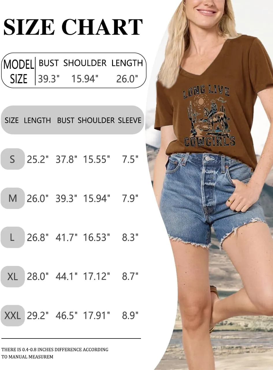Womens Cactus Cowgirl Shirt Western Riding Country Music V Neck T-Shirt Retro Sun Printed Short Sleeve Tees Tops