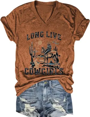 Womens Cactus Cowgirl Shirt Western Riding Country Music V Neck T-Shirt Retro Sun Printed Short Sleeve Tees Tops