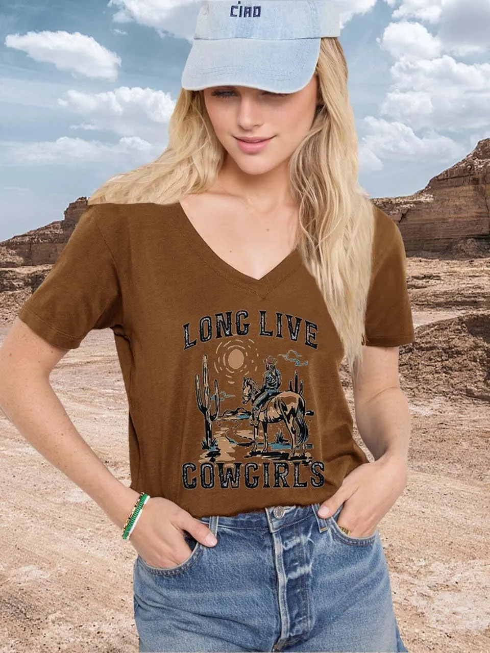 Womens Cactus Cowgirl Shirt Western Riding Country Music V Neck T-Shirt Retro Sun Printed Short Sleeve Tees Tops