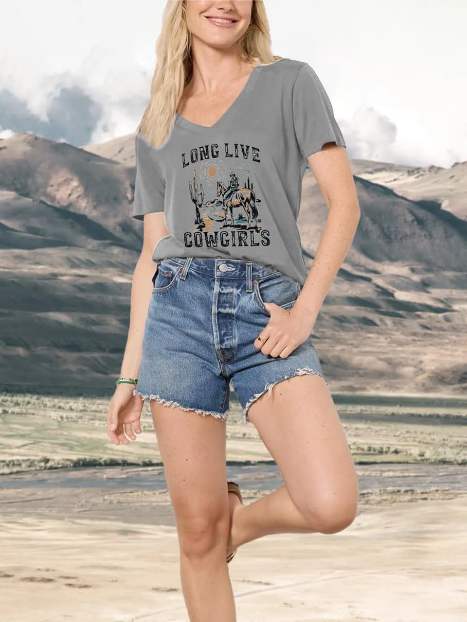 Womens Cactus Cowgirl Shirt Western Riding Country Music V Neck T-Shirt Retro Sun Printed Short Sleeve Tees Tops