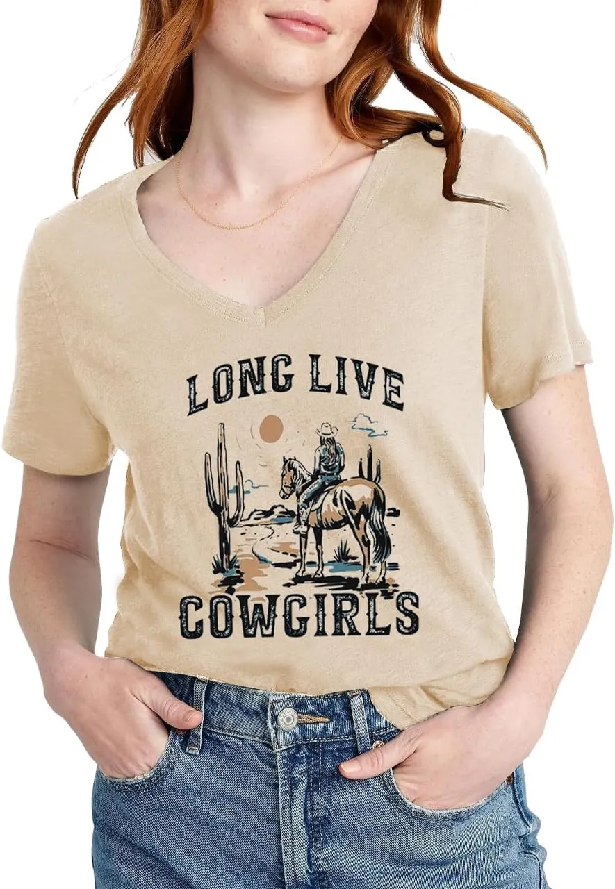 Womens Cactus Cowgirl Shirt Western Riding Country Music V Neck T-Shirt Retro Sun Printed Short Sleeve Tees Tops