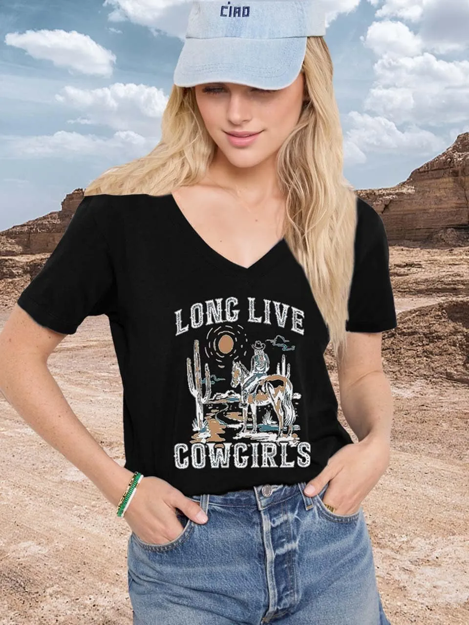 Womens Cactus Cowgirl Shirt Western Riding Country Music V Neck T-Shirt Retro Sun Printed Short Sleeve Tees Tops