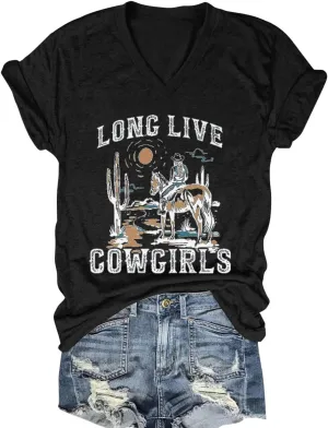 Womens Cactus Cowgirl Shirt Western Riding Country Music V Neck T-Shirt Retro Sun Printed Short Sleeve Tees Tops