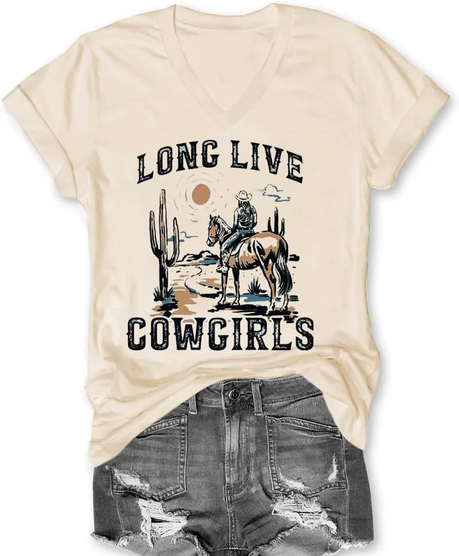 Womens Cactus Cowgirl Shirt Western Riding Country Music V Neck T-Shirt Retro Sun Printed Short Sleeve Tees Tops
