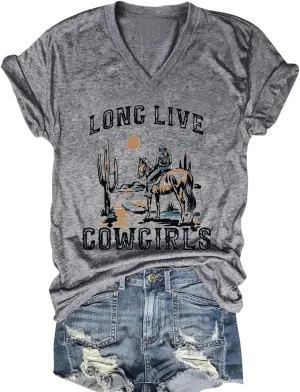 Womens Cactus Cowgirl Shirt Western Riding Country Music V Neck T-Shirt Retro Sun Printed Short Sleeve Tees Tops