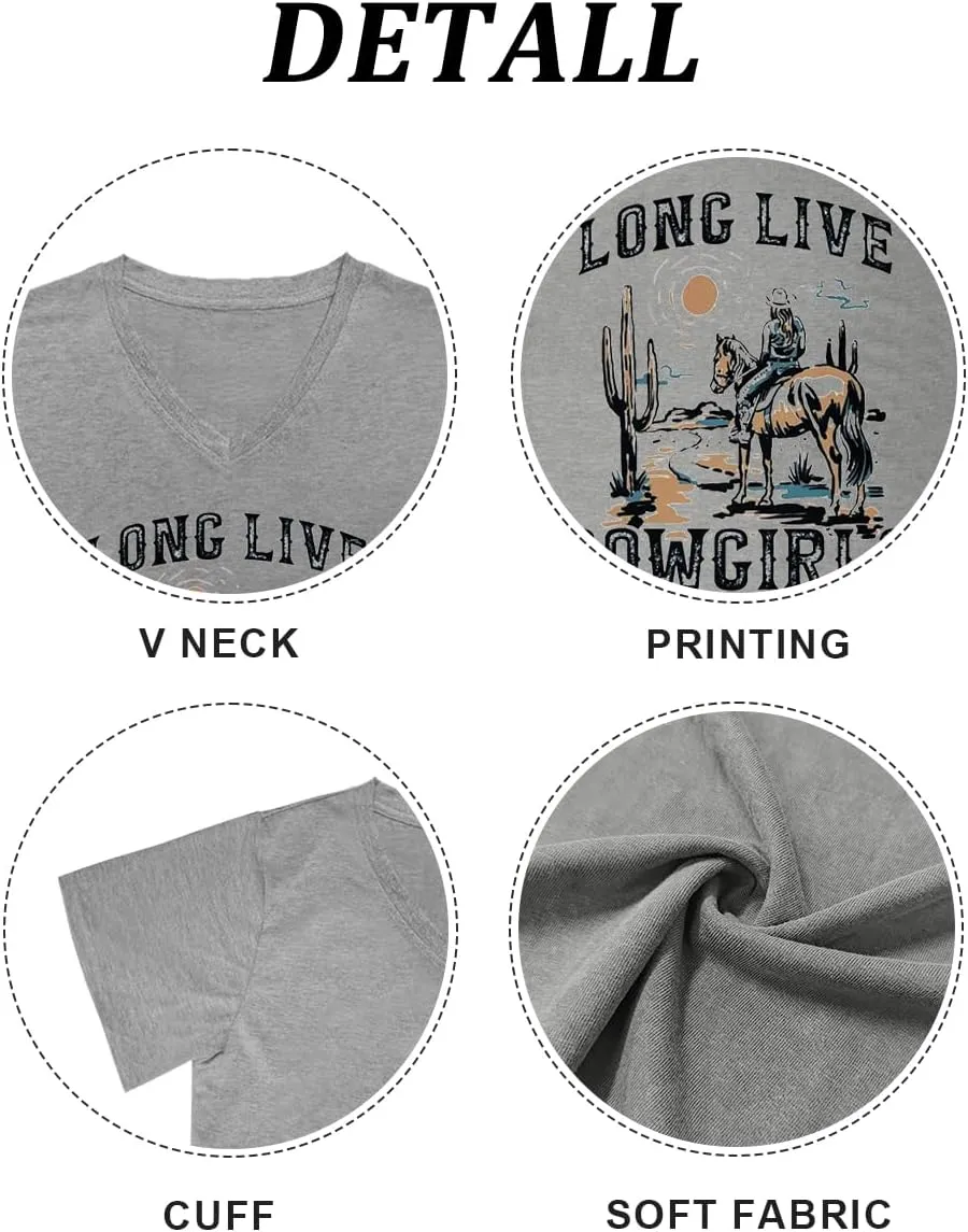 Womens Cactus Cowgirl Shirt Western Riding Country Music V Neck T-Shirt Retro Sun Printed Short Sleeve Tees Tops