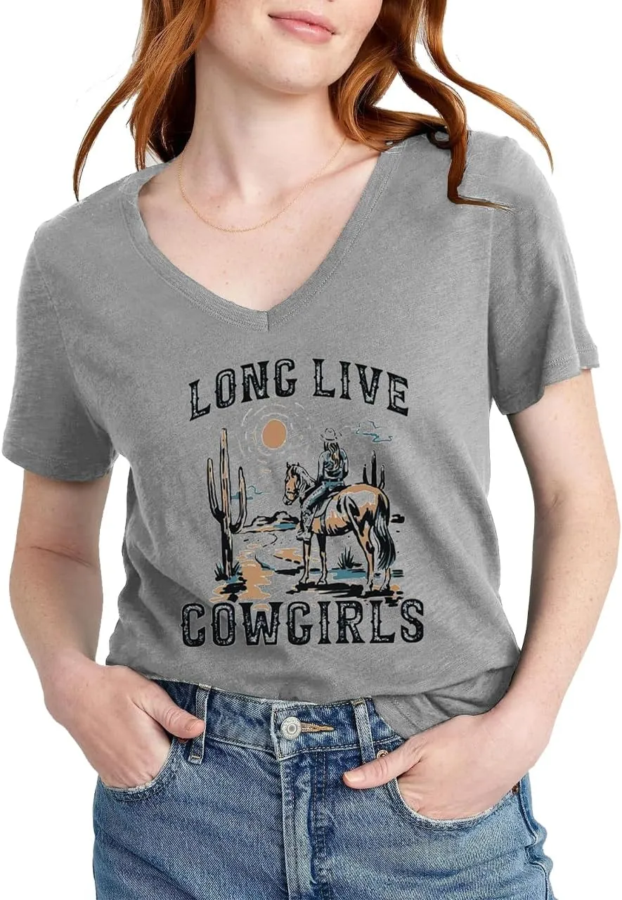 Womens Cactus Cowgirl Shirt Western Riding Country Music V Neck T-Shirt Retro Sun Printed Short Sleeve Tees Tops