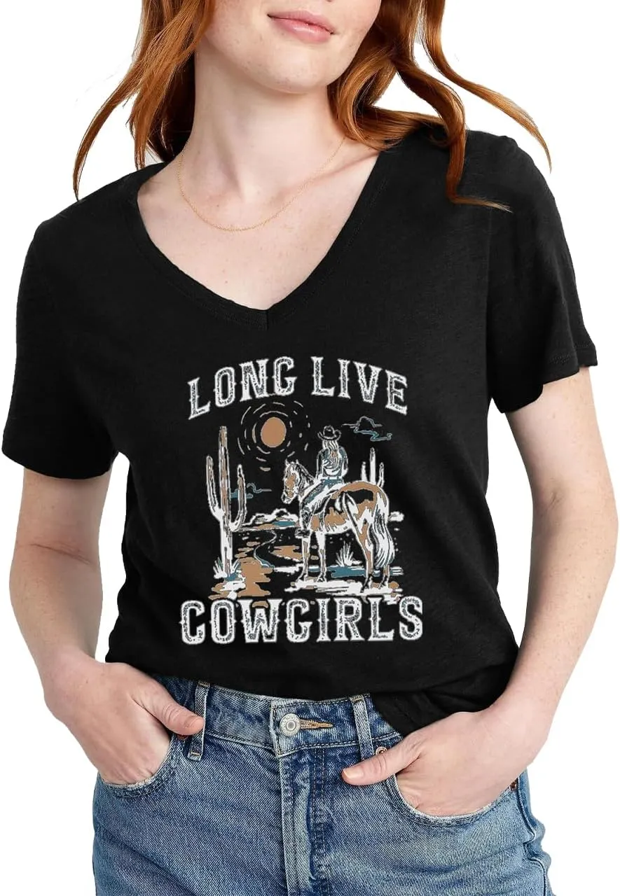 Womens Cactus Cowgirl Shirt Western Riding Country Music V Neck T-Shirt Retro Sun Printed Short Sleeve Tees Tops
