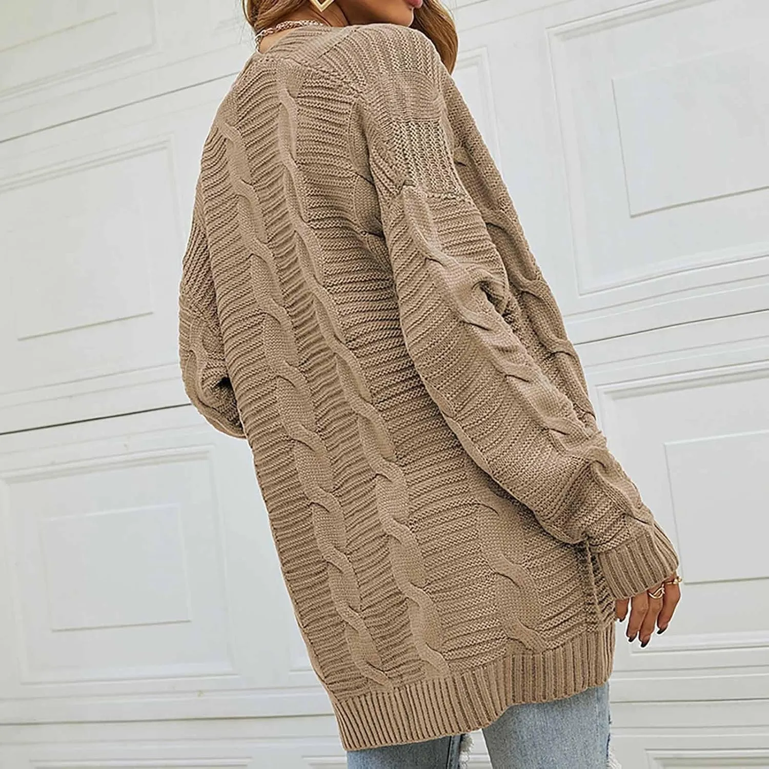 Womens Cardigan Lightweight Long Sleeve Cardigan Color Block Cable Knit Open Front Cardigan with Pockets
