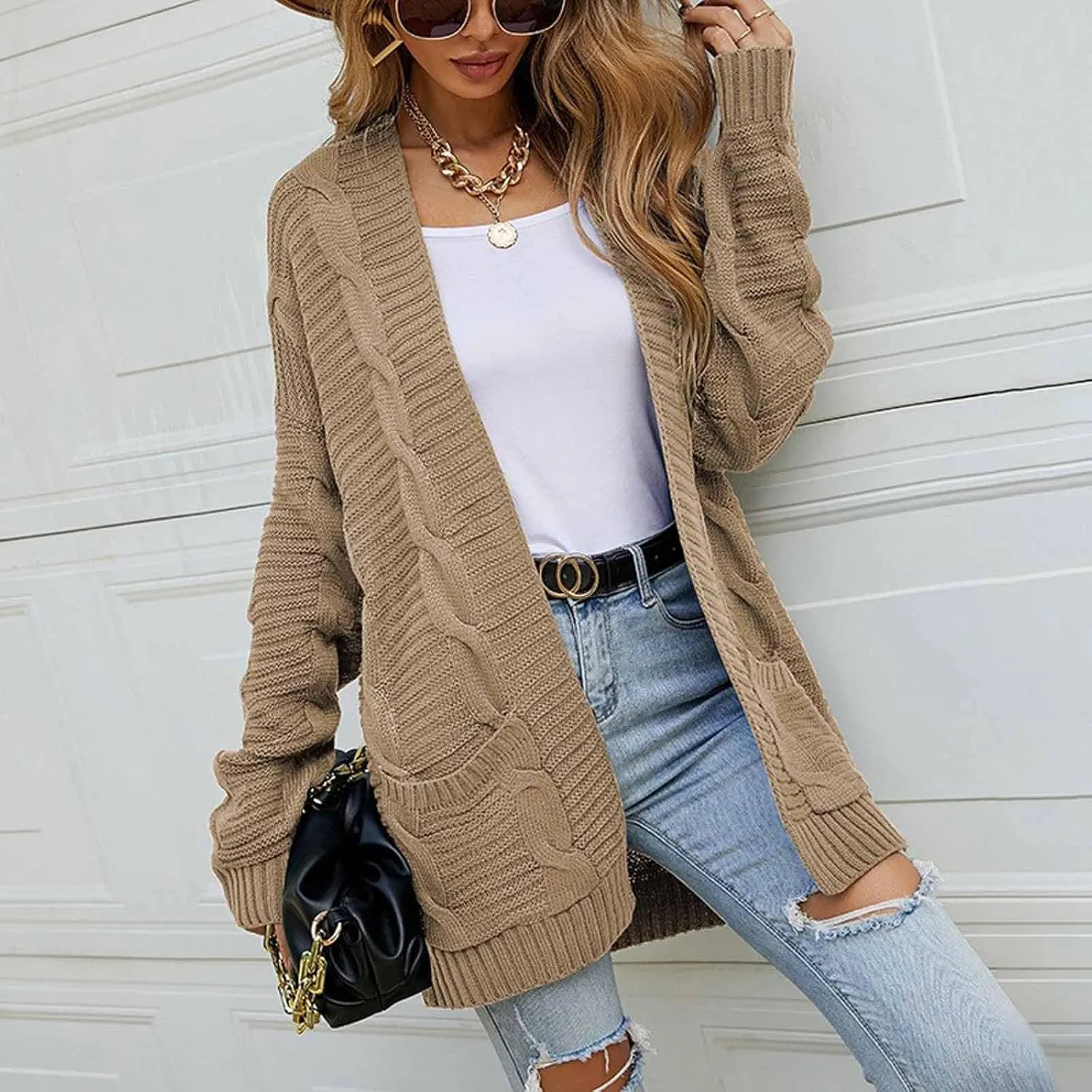 Womens Cardigan Lightweight Long Sleeve Cardigan Color Block Cable Knit Open Front Cardigan with Pockets