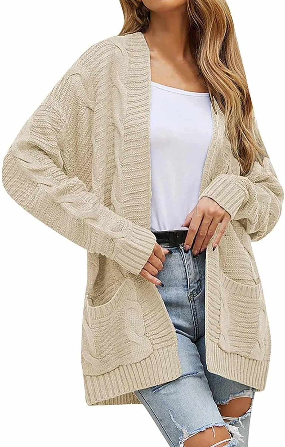 Womens Cardigan Lightweight Long Sleeve Cardigan Color Block Cable Knit Open Front Cardigan with Pockets