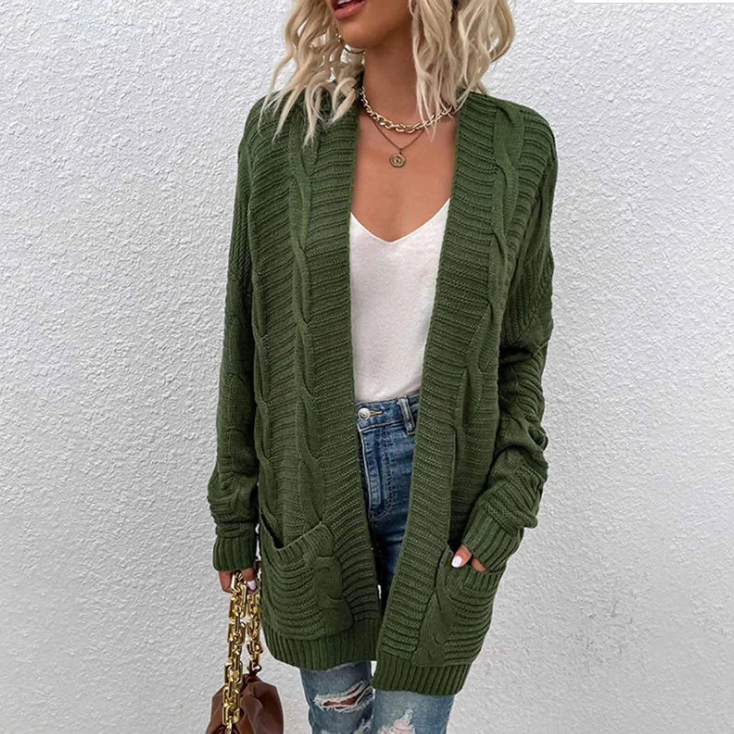 Womens Cardigan Lightweight Long Sleeve Cardigan Color Block Cable Knit Open Front Cardigan with Pockets