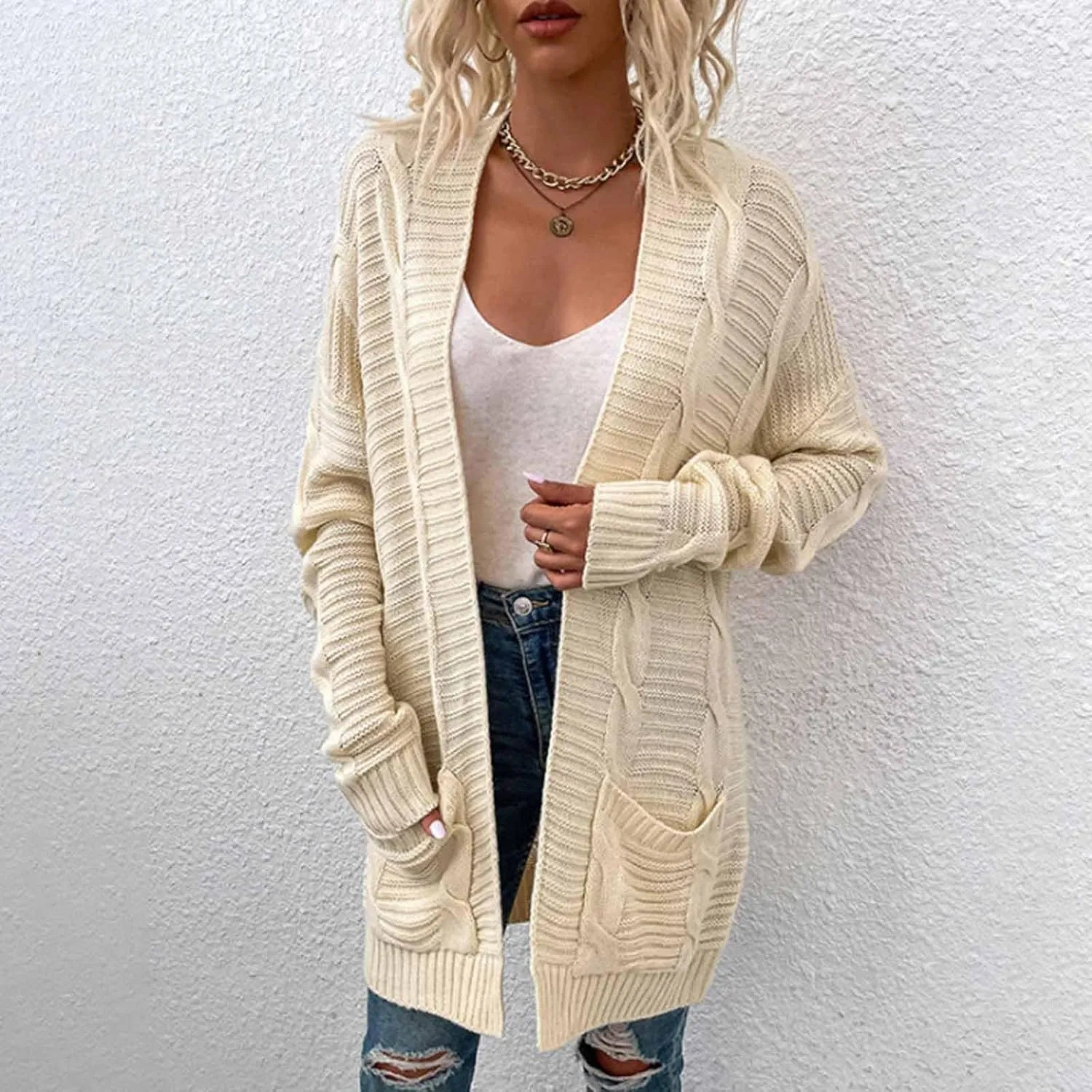 Womens Cardigan Lightweight Long Sleeve Cardigan Color Block Cable Knit Open Front Cardigan with Pockets