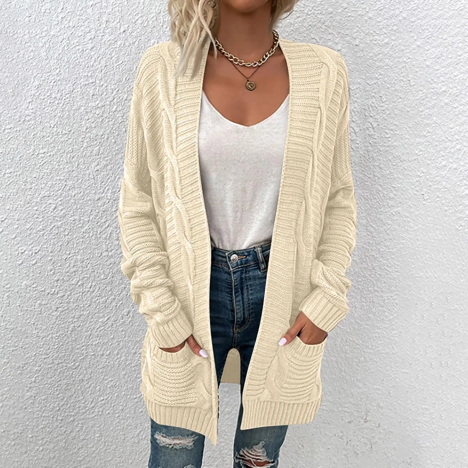 Womens Cardigan Lightweight Long Sleeve Cardigan Color Block Cable Knit Open Front Cardigan with Pockets