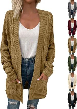 Womens Cardigan Lightweight Long Sleeve Cardigan Color Block Cable Knit Open Front Cardigan with Pockets