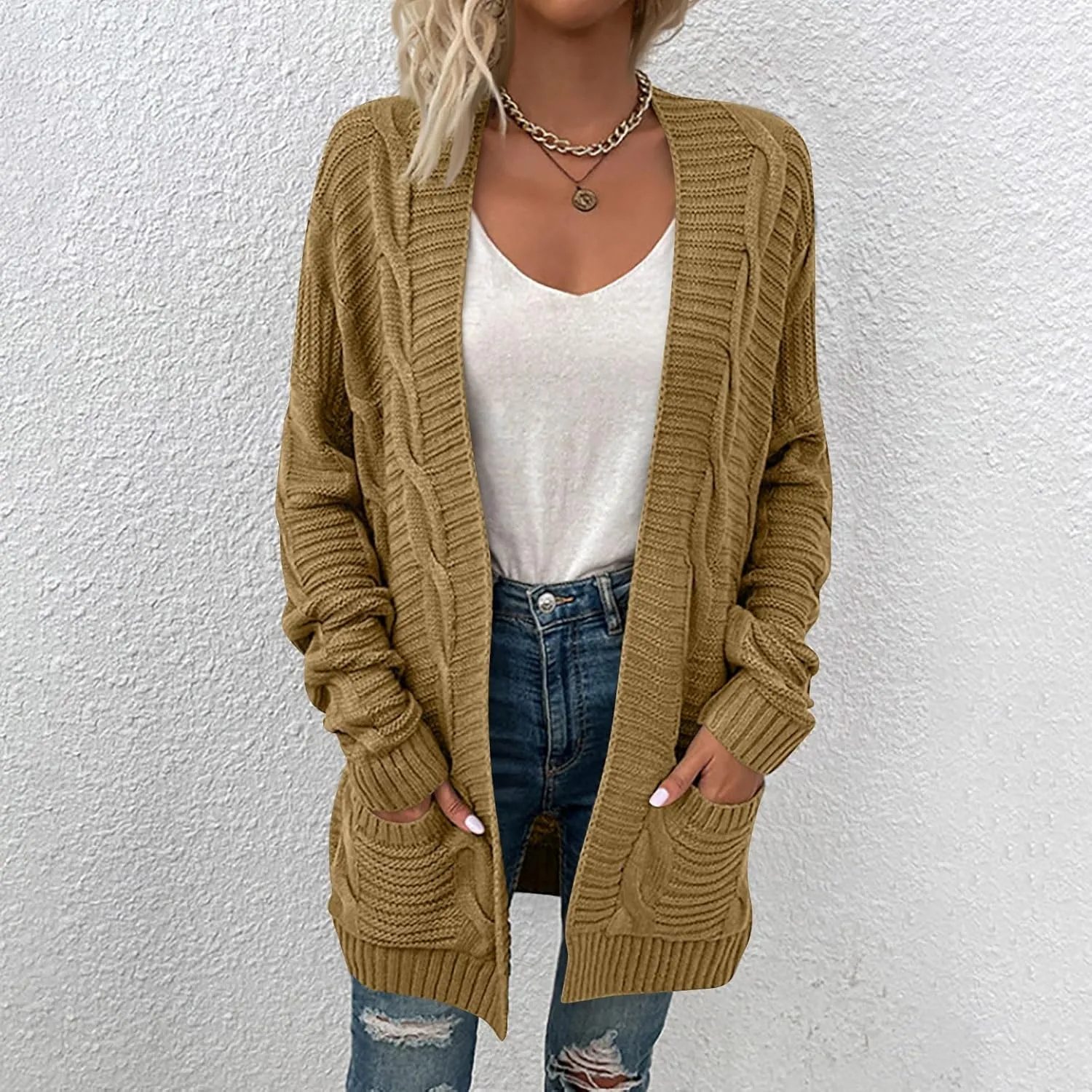 Womens Cardigan Lightweight Long Sleeve Cardigan Color Block Cable Knit Open Front Cardigan with Pockets
