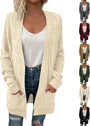 Womens Cardigan Lightweight Long Sleeve Cardigan Color Block Cable Knit Open Front Cardigan with Pockets